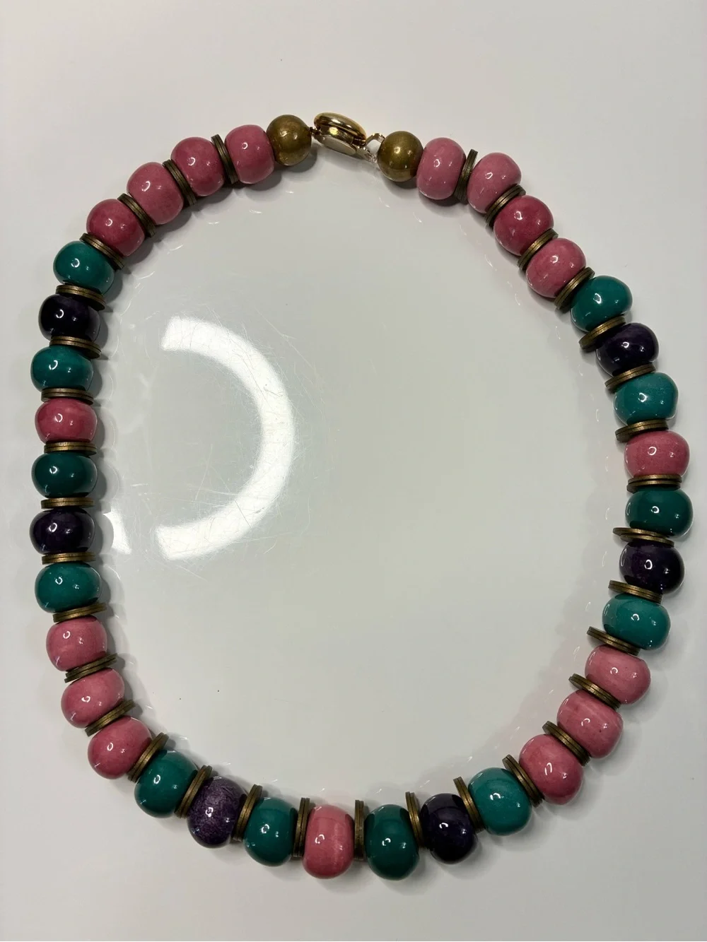 VTG Chunky Ceramic Pink, Teal & Purple Beaded Necklace with Antique Gold Spacers